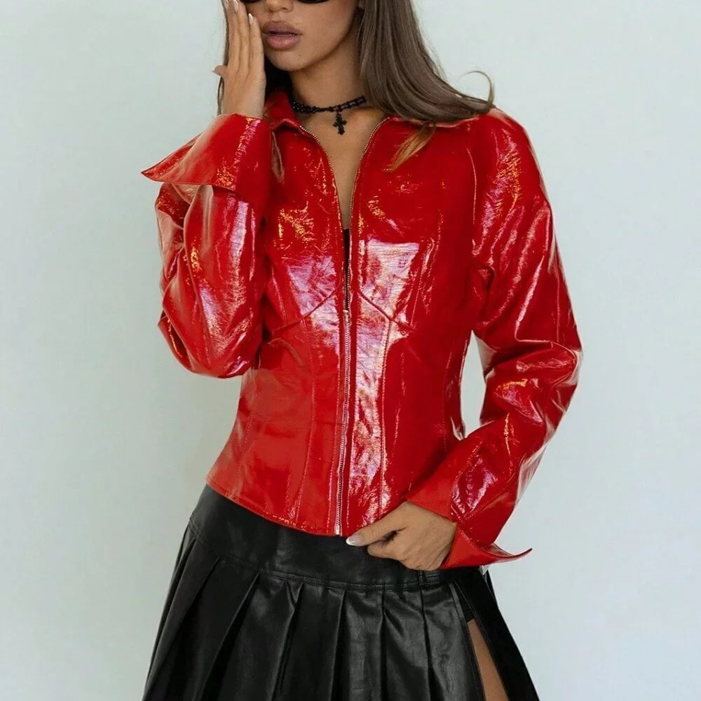 Red Party Women's Sexy Glossy faux Leather Jacket